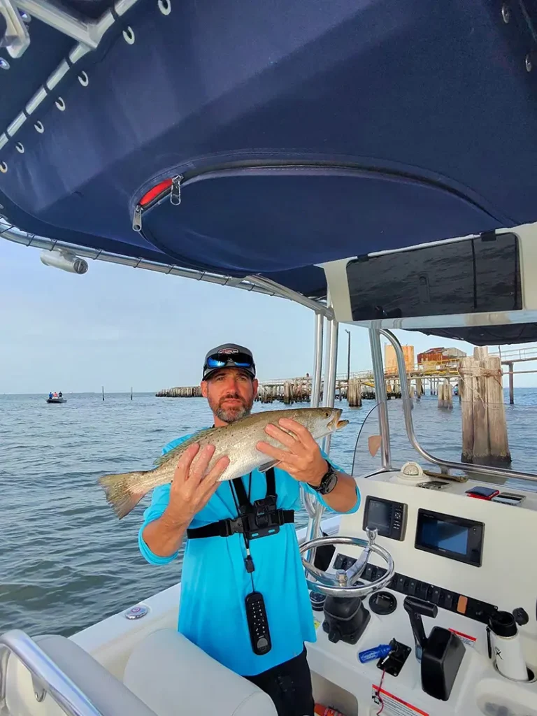Galveston Bay gator trout topwater fishing charter Texas saltwater guide